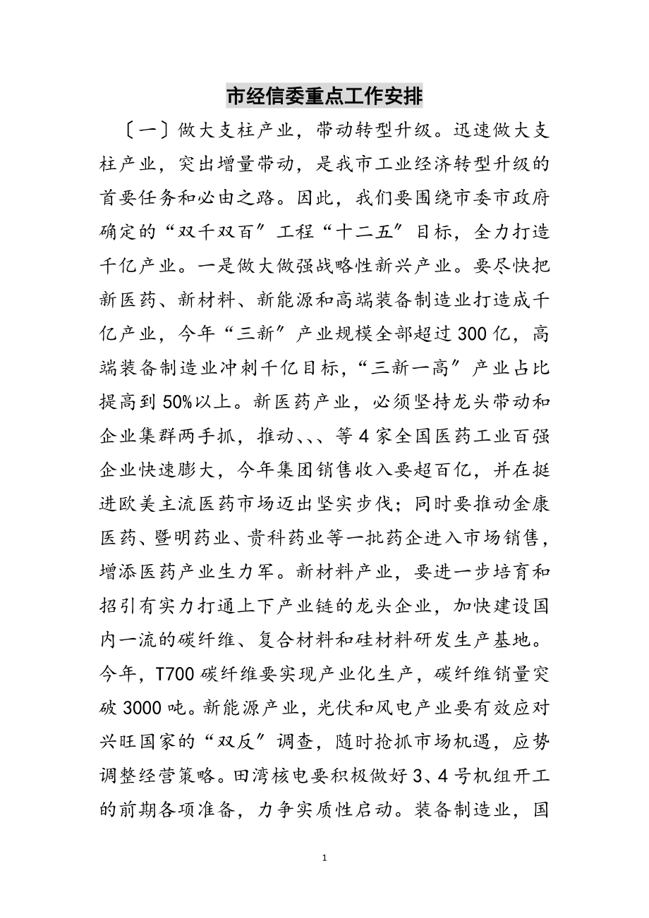 2023年市经信委重点工作安排范文.doc_第1页