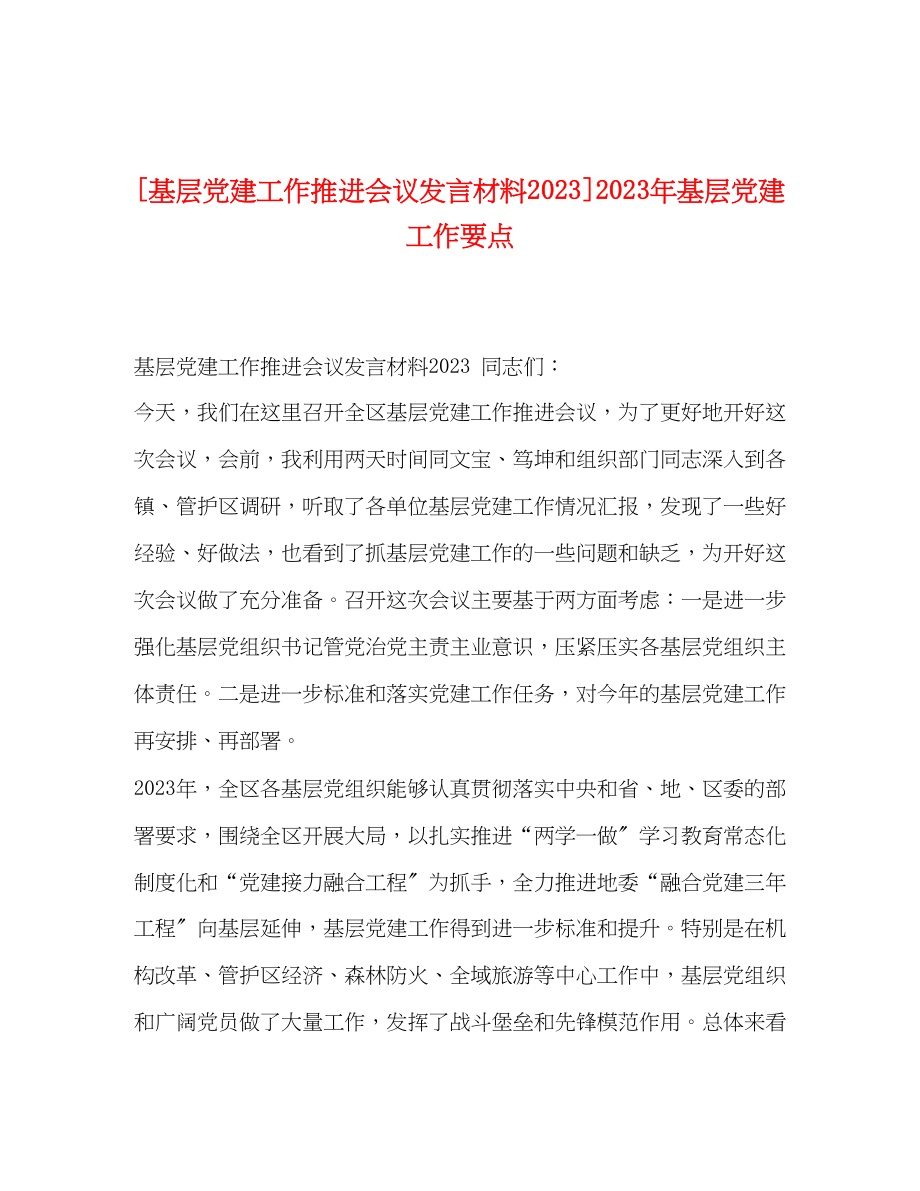 2023年基层党建工作推进会议发言材料基层党建工作要点.docx_第1页