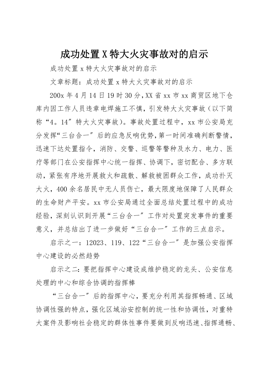 2023年成功处置X特大火灾事故对的启示新编.docx_第1页