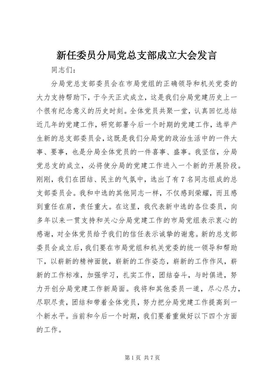 2023年新任委员分局党总支部成立大会讲话.docx_第1页