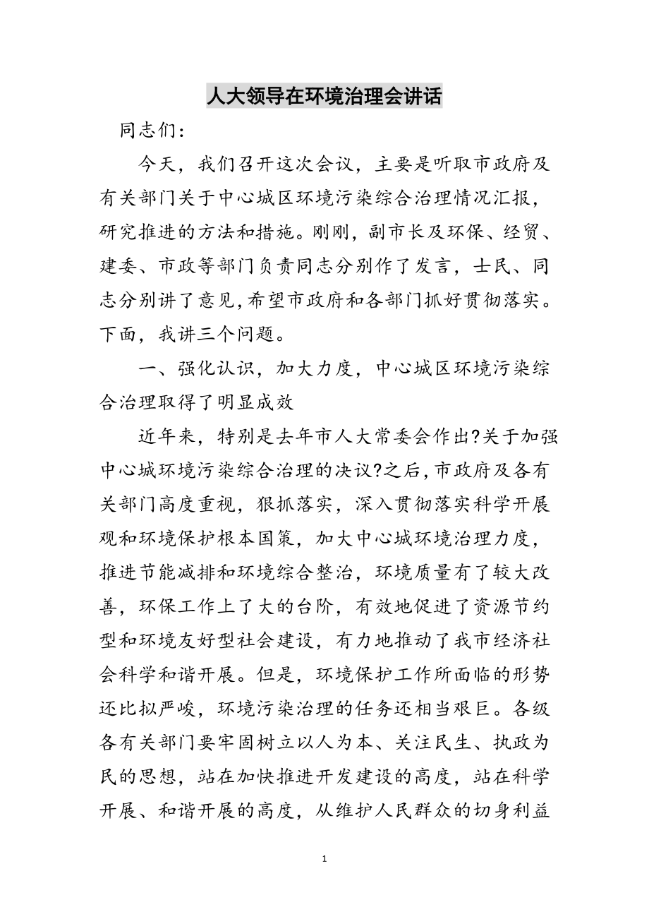 2023年人大领导在环境治理会讲话范文.doc_第1页