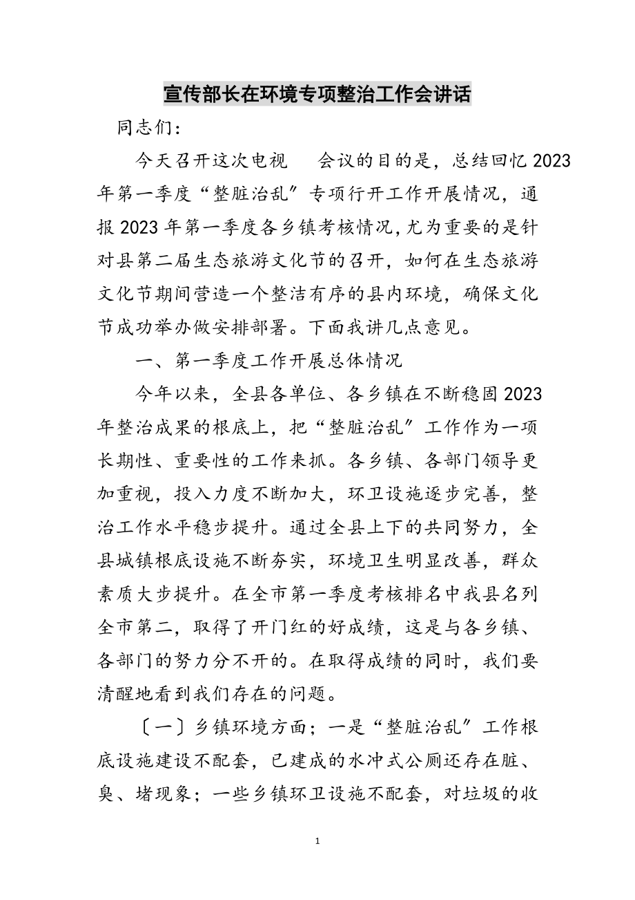 2023年宣传部长在环境专项整治工作会讲话范文.doc_第1页