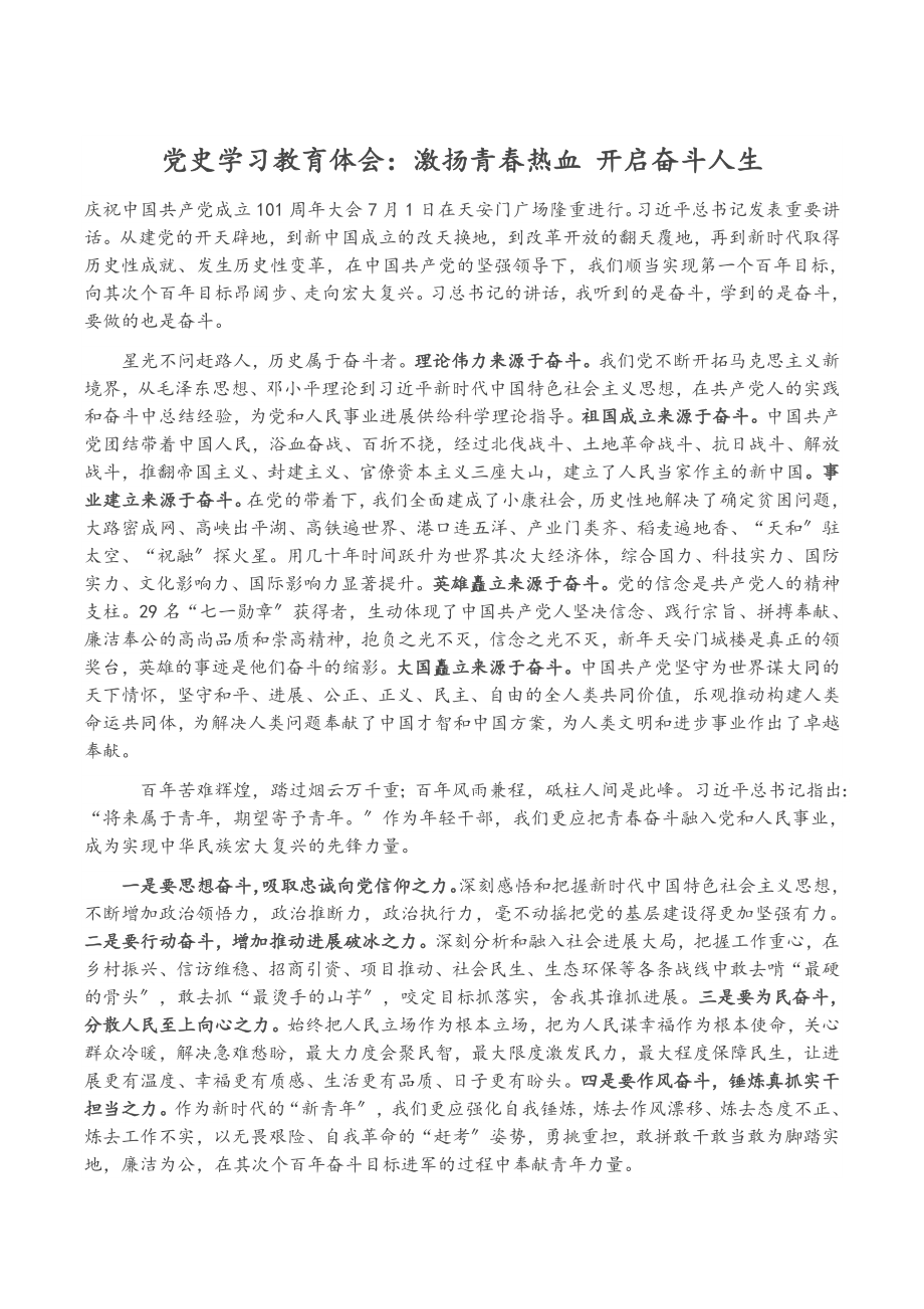 2023年党史学习教育体会：激扬青春热血 开启奋斗人生.docx_第1页