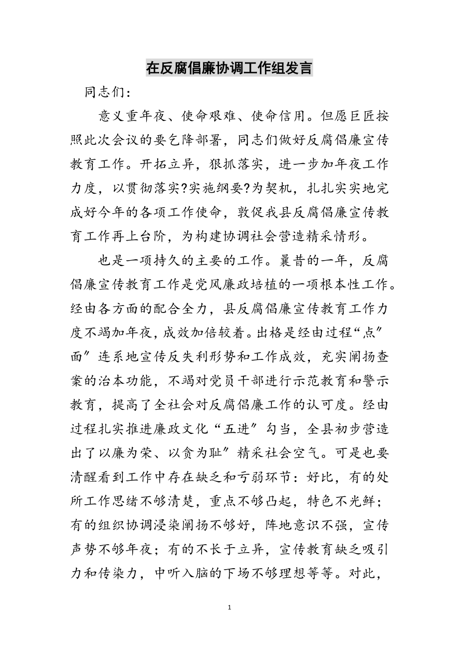 2023年在反腐倡廉协调工作组发言范文.doc_第1页