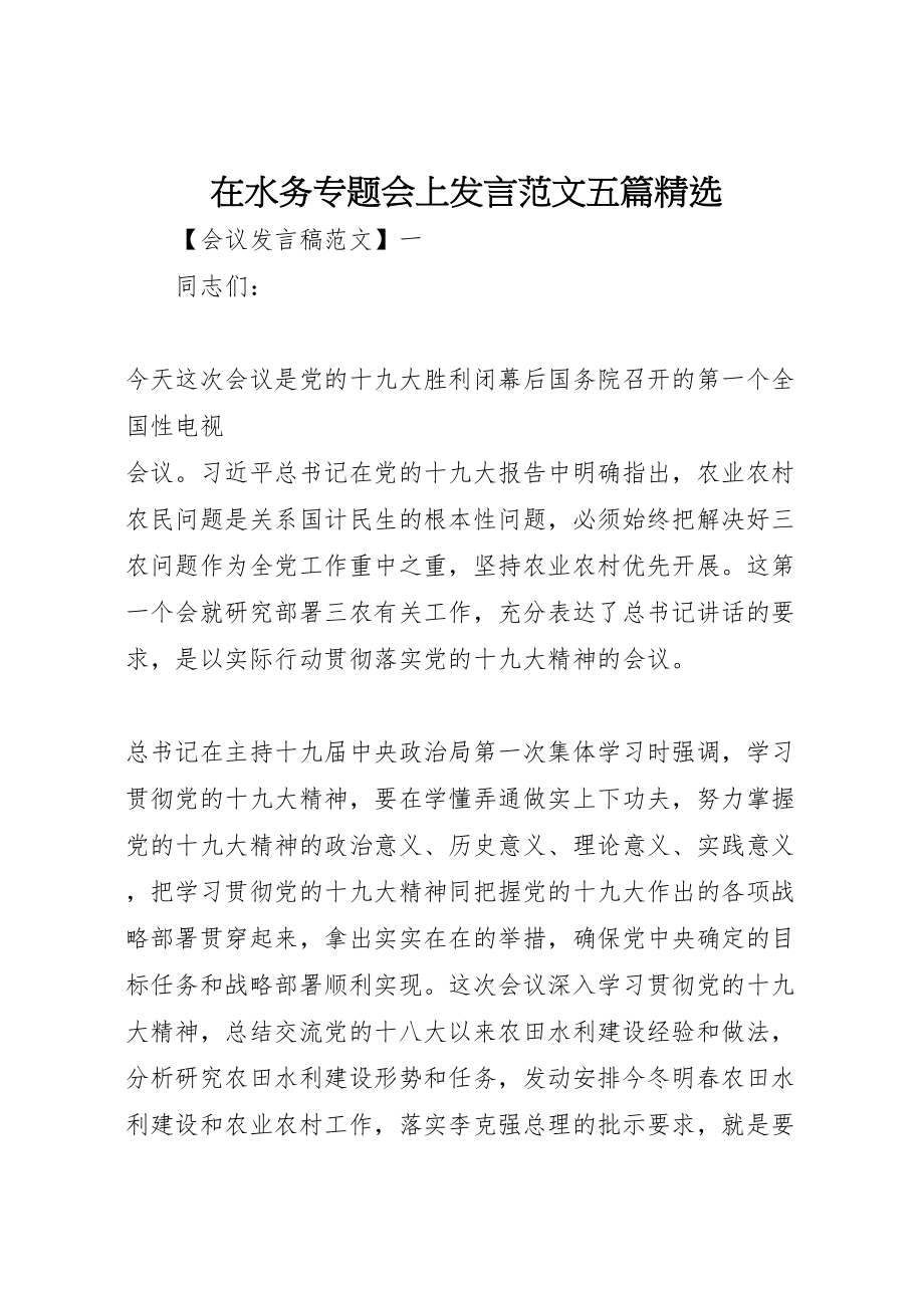 2023年在水务专题会上讲话范文五篇精选.doc_第1页