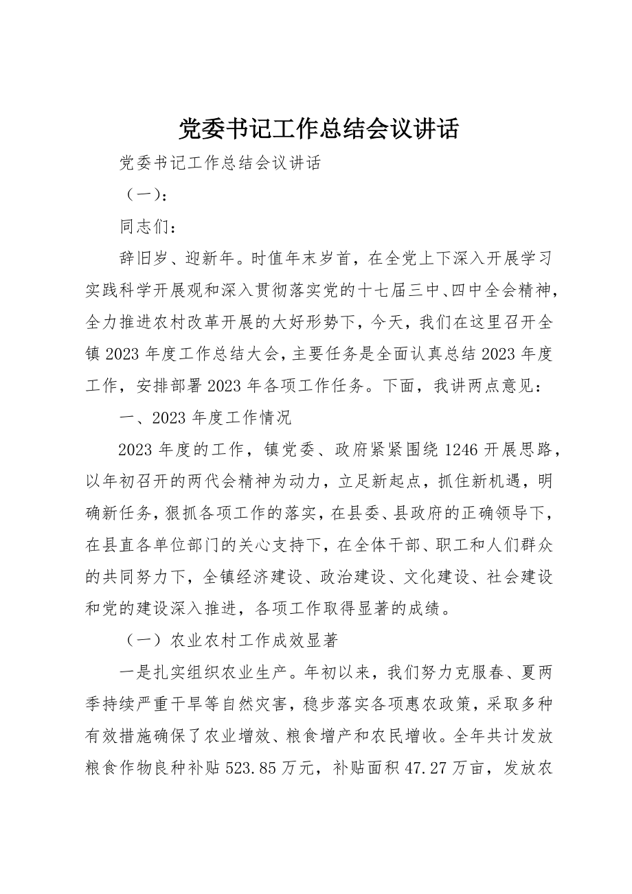 2023年党委书记工作总结会议致辞.docx_第1页