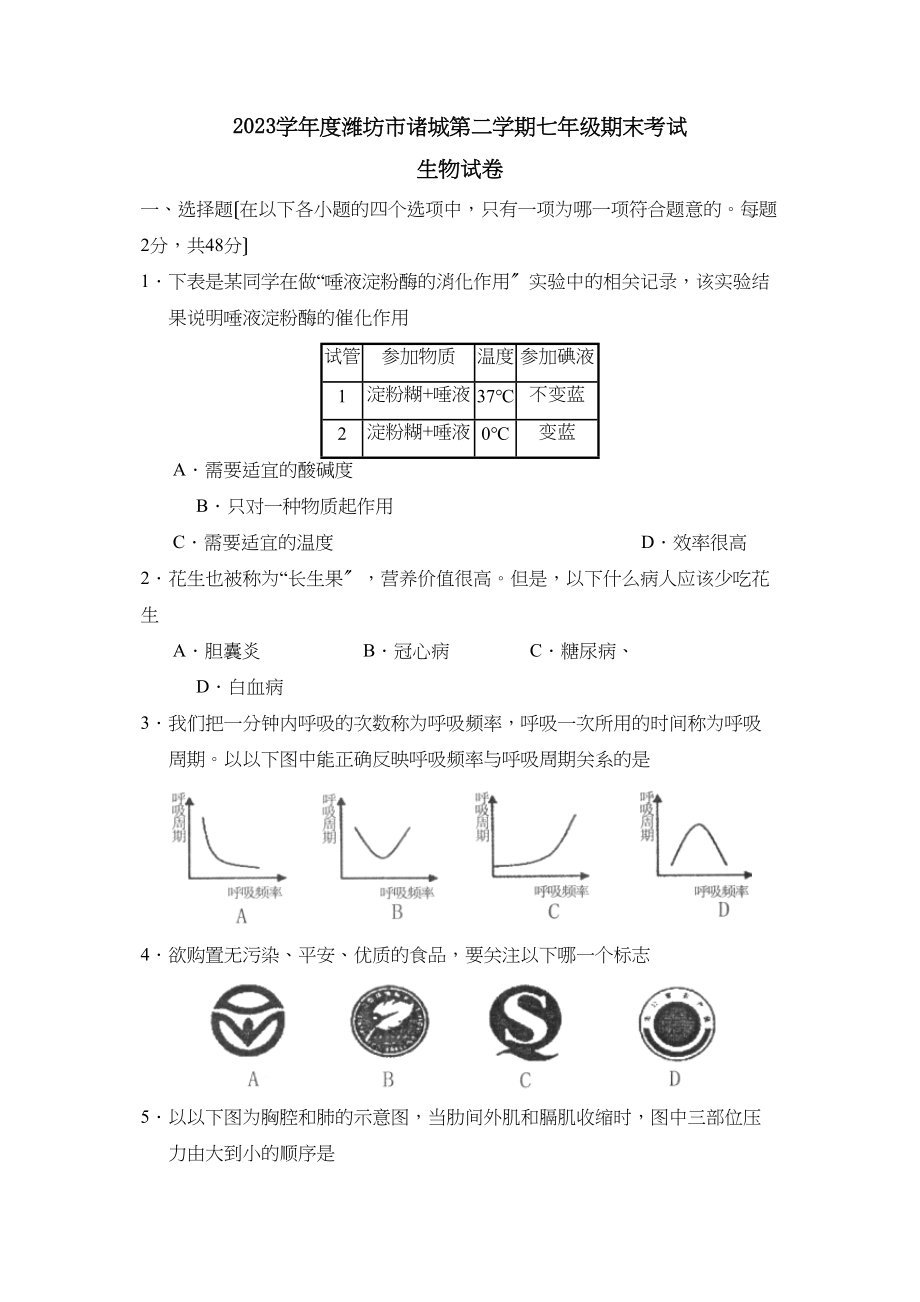 2023年度潍坊市诸城第二学期七年级期末考试初中生物2.docx_第1页