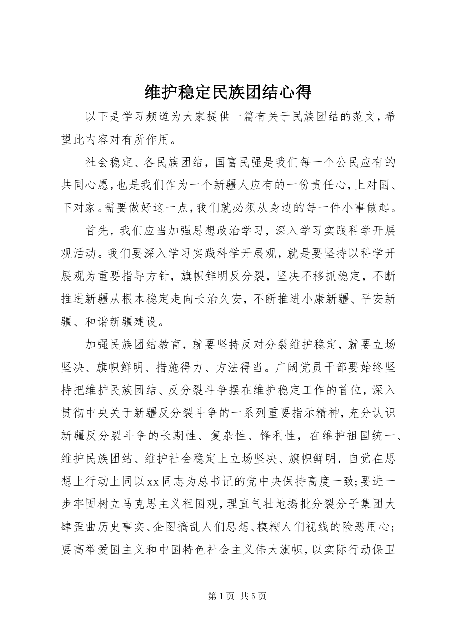 2023年维护稳定民族团结心得.docx_第1页