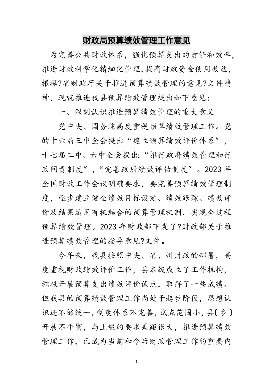 2023年财政局预算绩效管理工作意见范文.doc_第1页