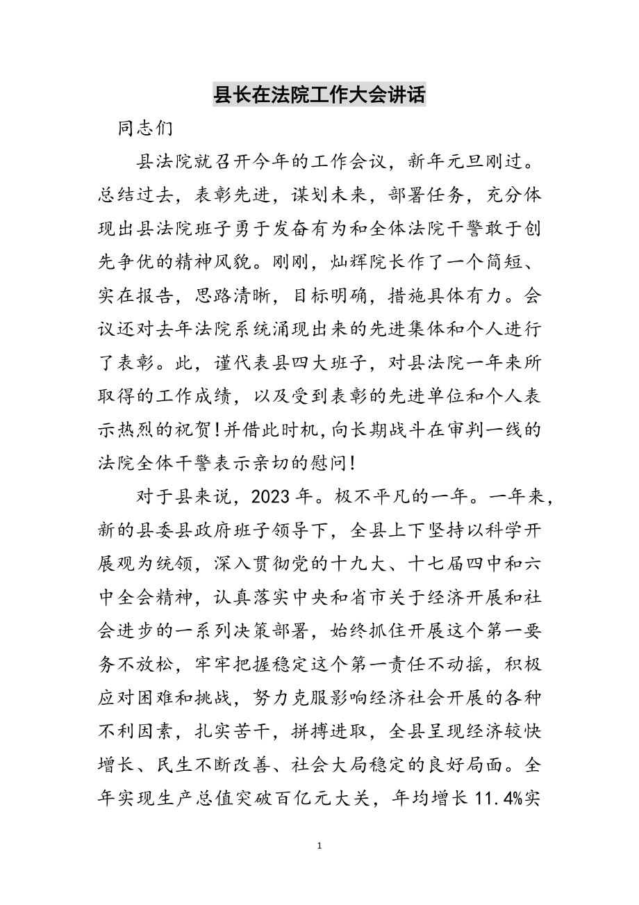 2023年县长在法院工作大会讲话范文.doc_第1页