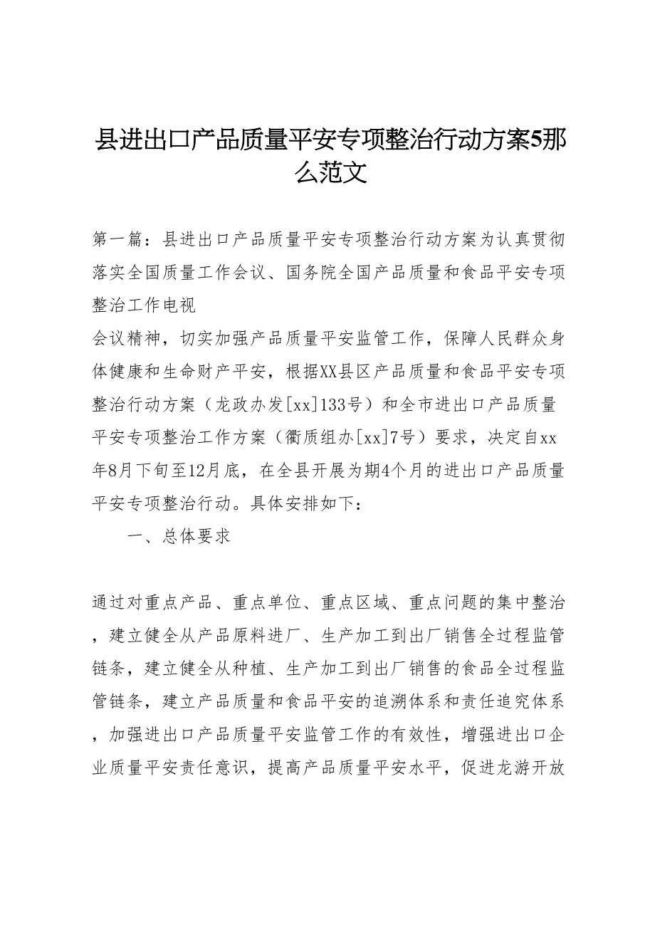 2023年县进出口产品质量安全专项整治行动方案5则范文.doc_第1页