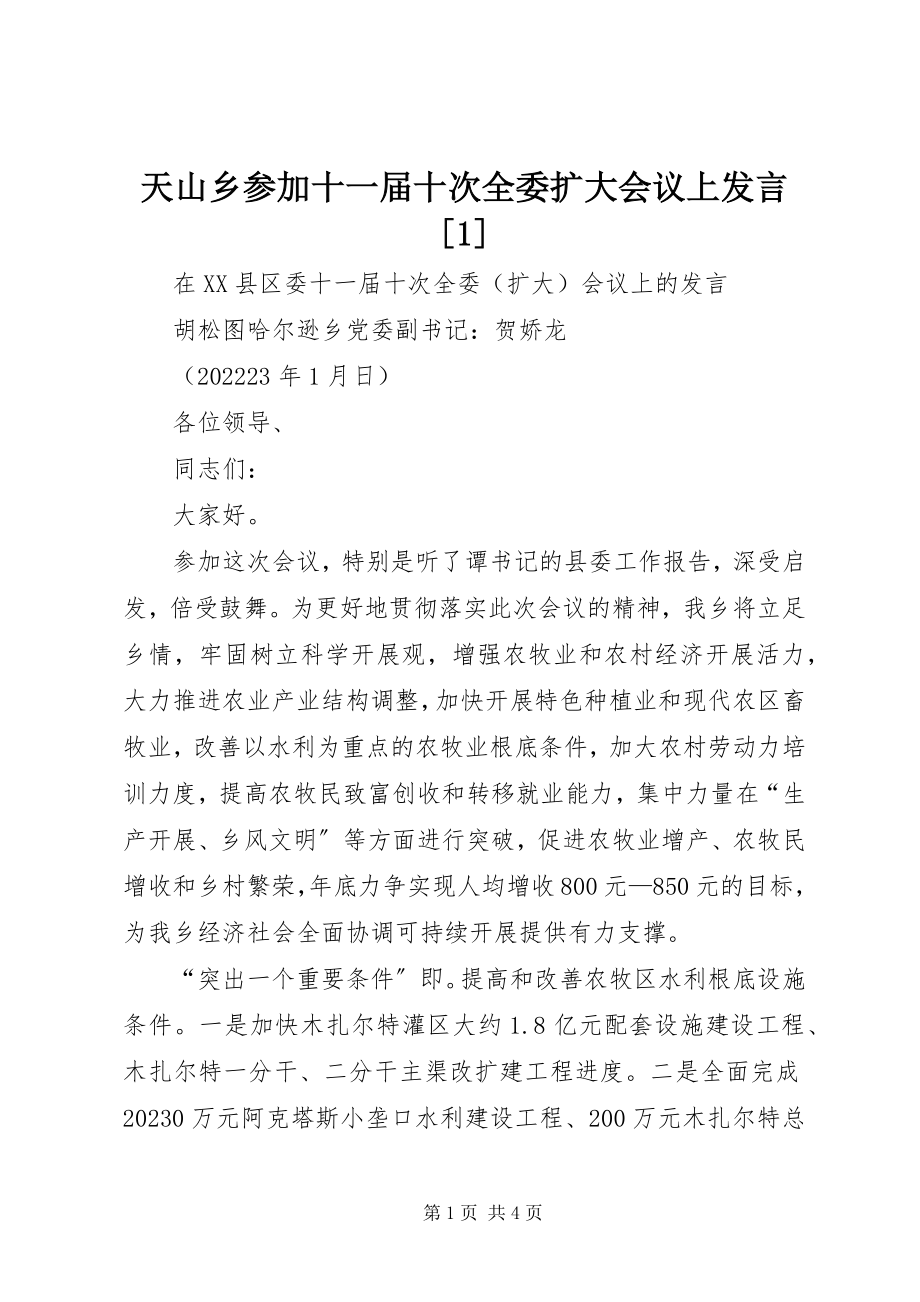 2023年天山乡参加十一届十次全委扩大会议上讲话1.docx_第1页