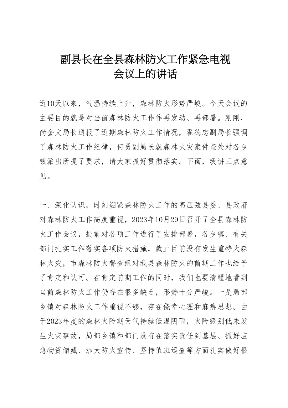 2023年副县长在全县森林防火工作紧急电视电话会议上的致辞.doc_第1页