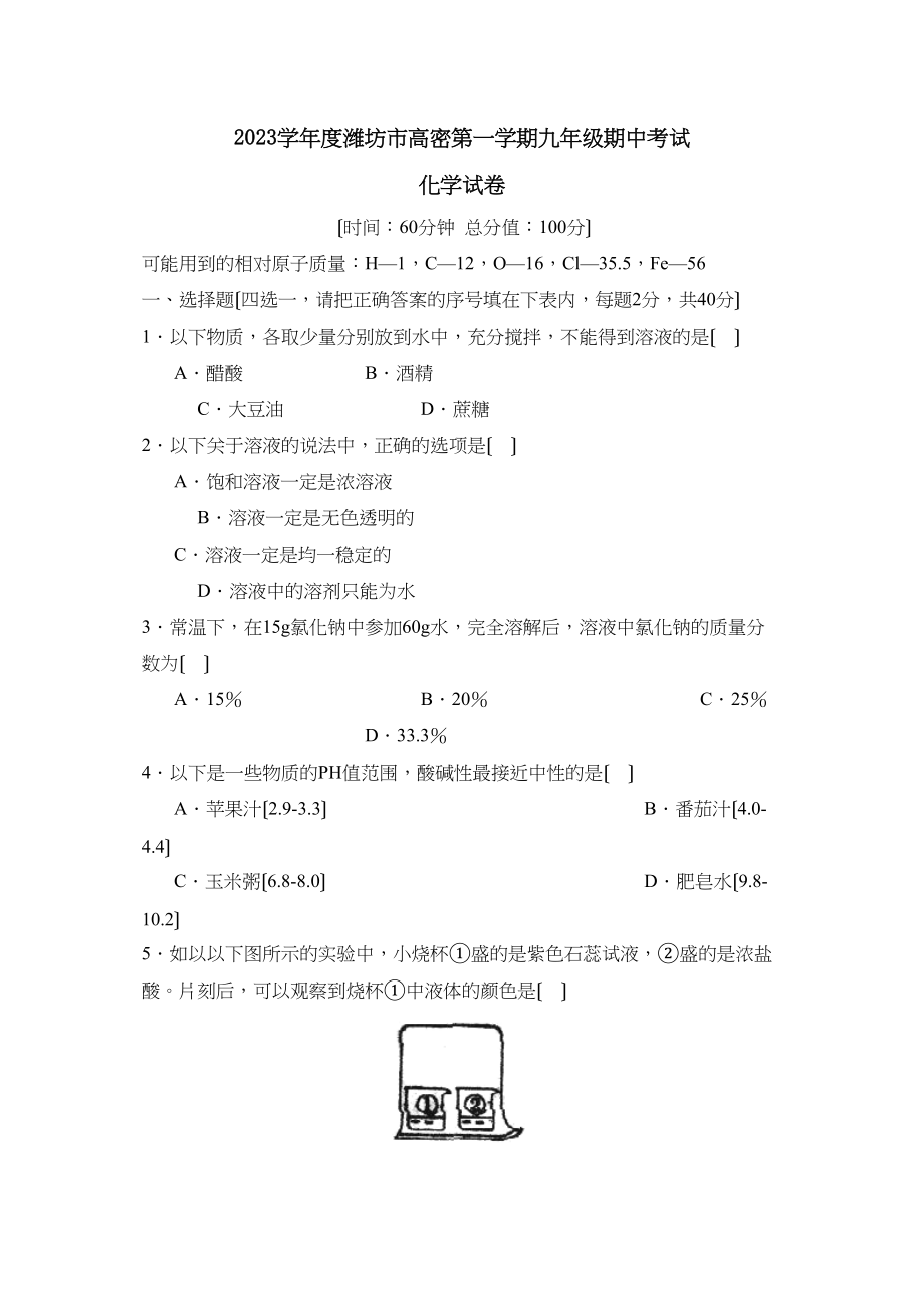 2023年度潍坊市高密第一学期九年级期中考试初中化学.docx_第1页