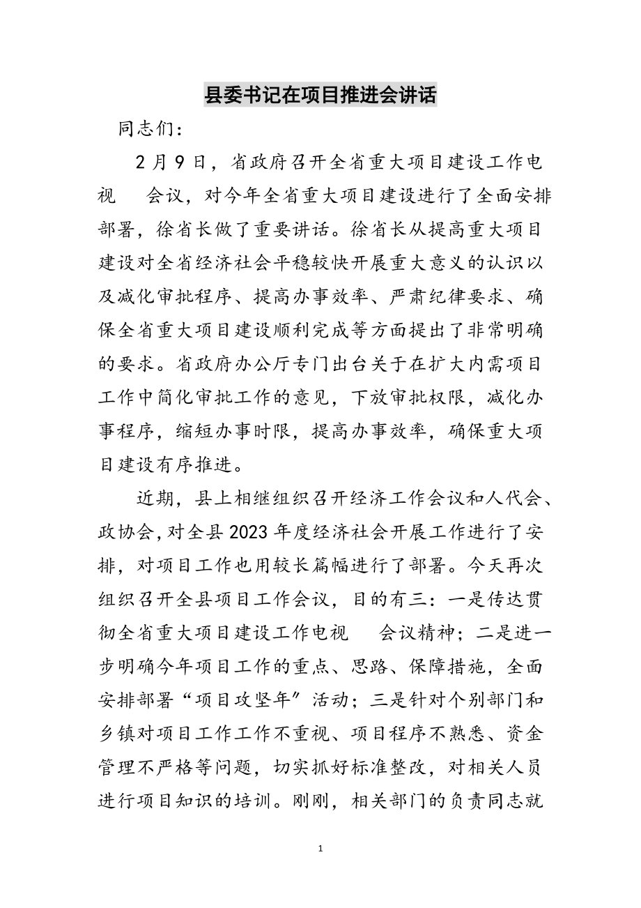 2023年县委书记在项目推进会讲话范文.doc_第1页