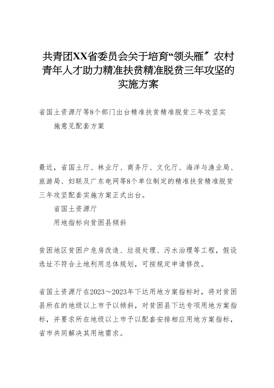 2023年共青团省委员会关于培育领头雁农村青年人才助力精准扶贫精准脱贫三年攻坚的实施方案 2.doc_第1页