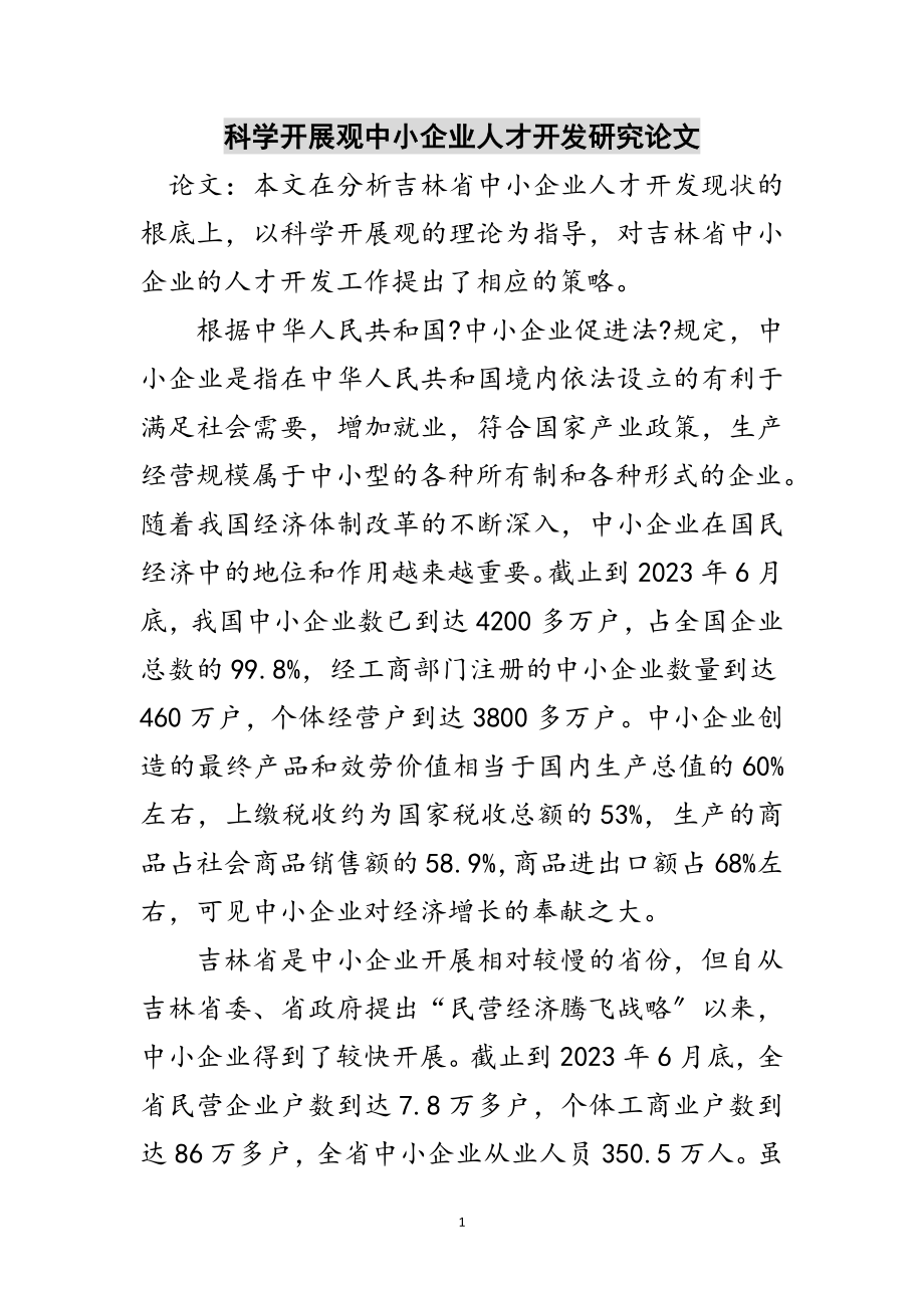 2023年科学发展观中小企业人才开发研究论文范文.doc_第1页