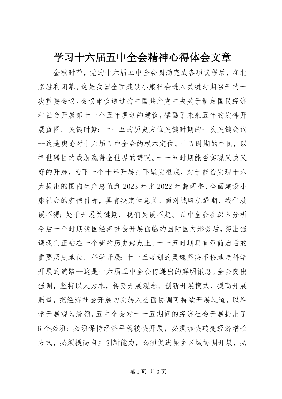 2023年学习十六届五中全会精神心得体会文章.docx_第1页