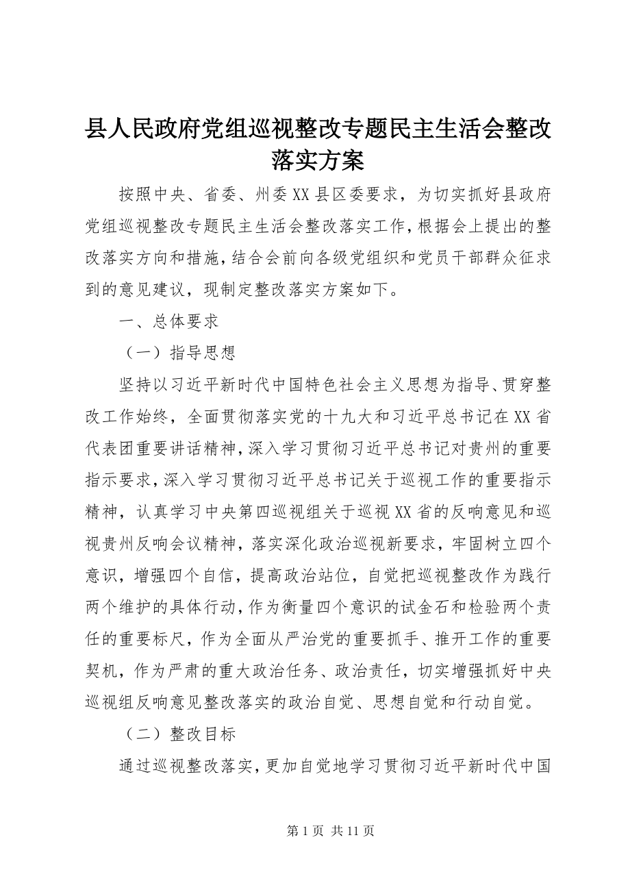 2023年县人民政府党组巡视整改专题民主生活会整改落实方案.docx_第1页