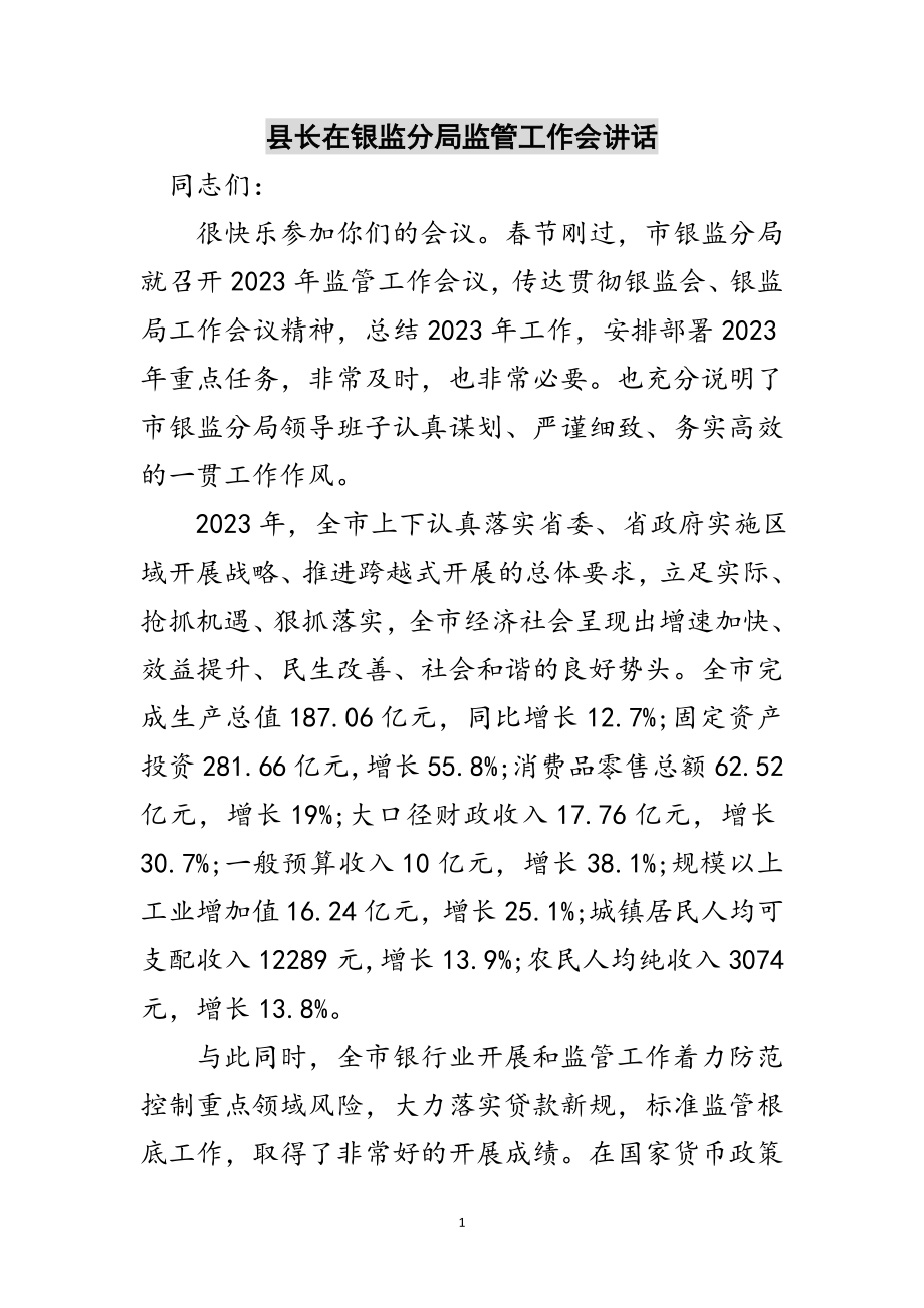 2023年县长在银监分局监管工作会讲话范文.doc_第1页