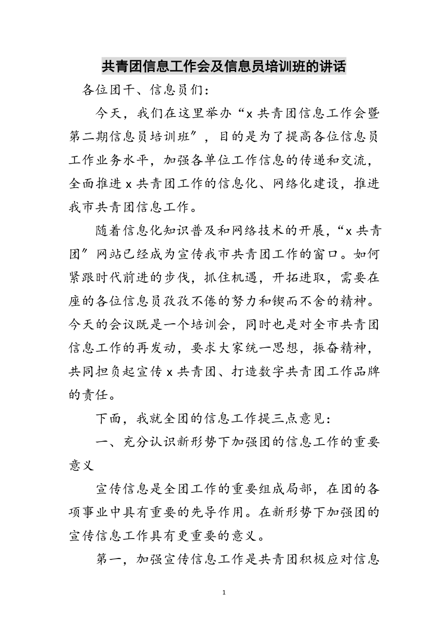 2023年共青团信息工作会及信息员培训班的讲话范文.doc_第1页