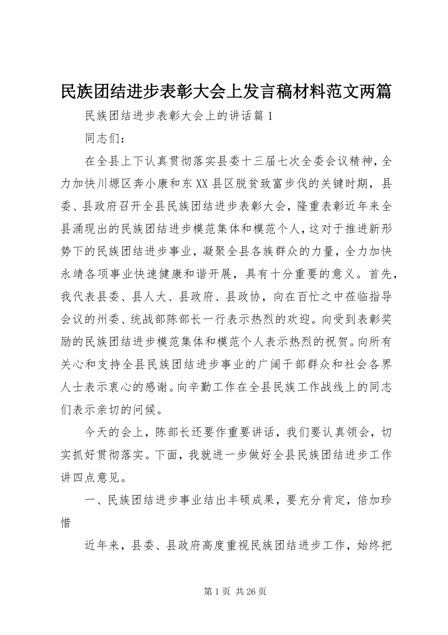 2023年民族团结进步表彰大会上讲话稿材料两篇.docx_第1页