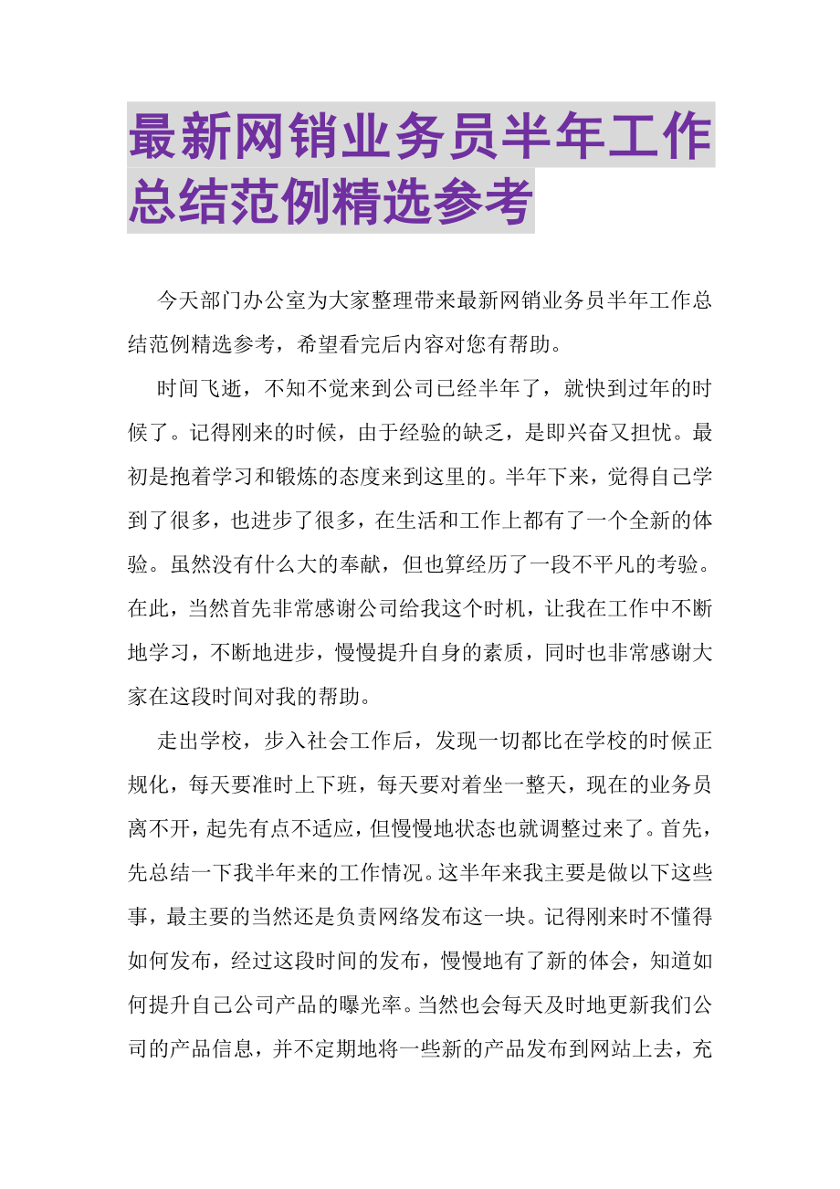 2023年网销业务员半年工作总结范例精选参考.doc_第1页