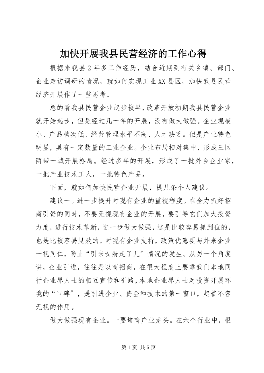 2023年加快发展我县民营经济的工作心得.docx_第1页