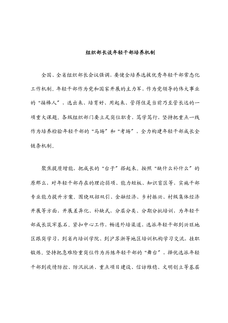 2023年组织部长谈年轻干部培养机制.docx_第1页