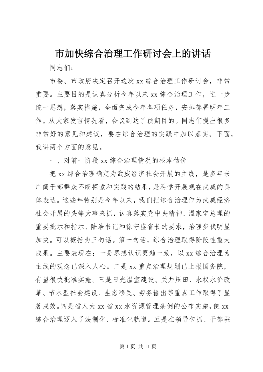 2023年市加快综合治理工作研讨会上的致辞.docx_第1页