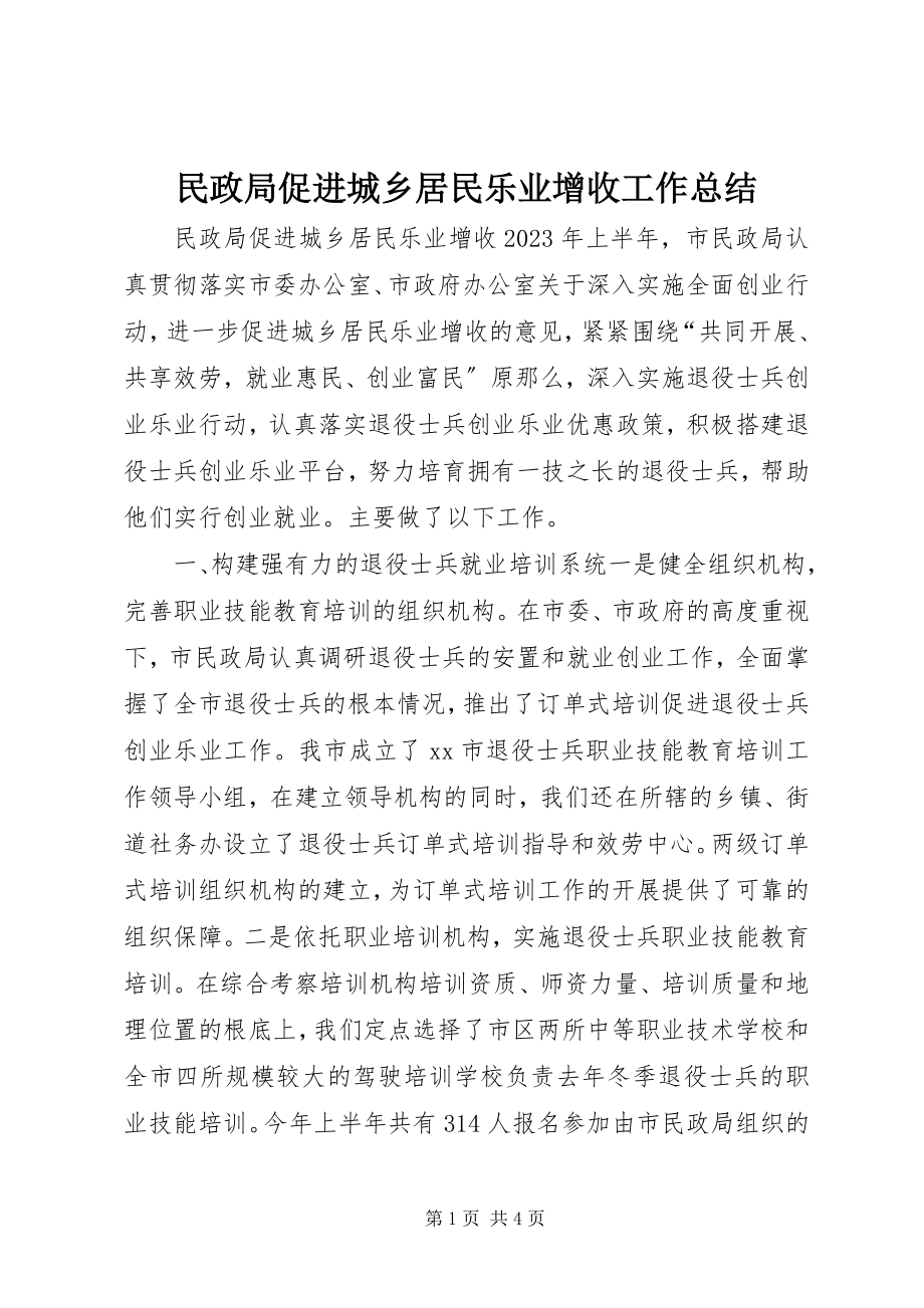 2023年民政局促进城乡居民乐业增收工作总结.docx_第1页