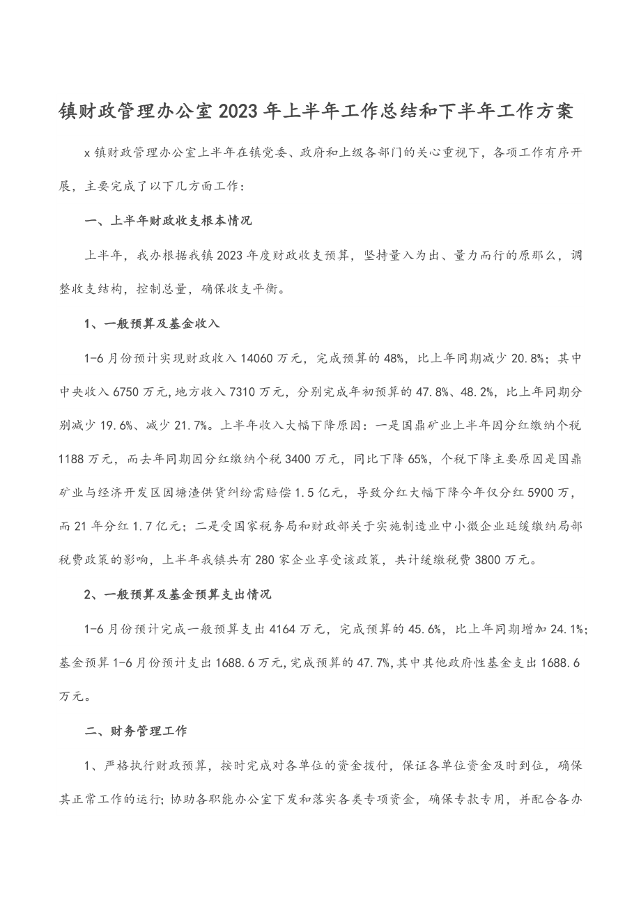 镇财政管理办公室2023年上半年工作总结和下半年工作计划.docx_第1页