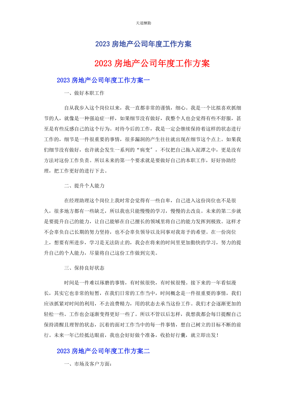 2023年房地产公司度工作计划范文.docx_第1页