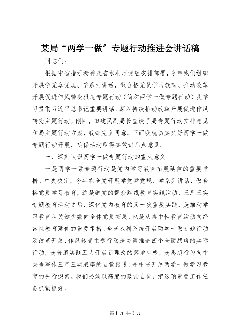 2023年某局“两学一做”专题行动推进会致辞稿.docx_第1页