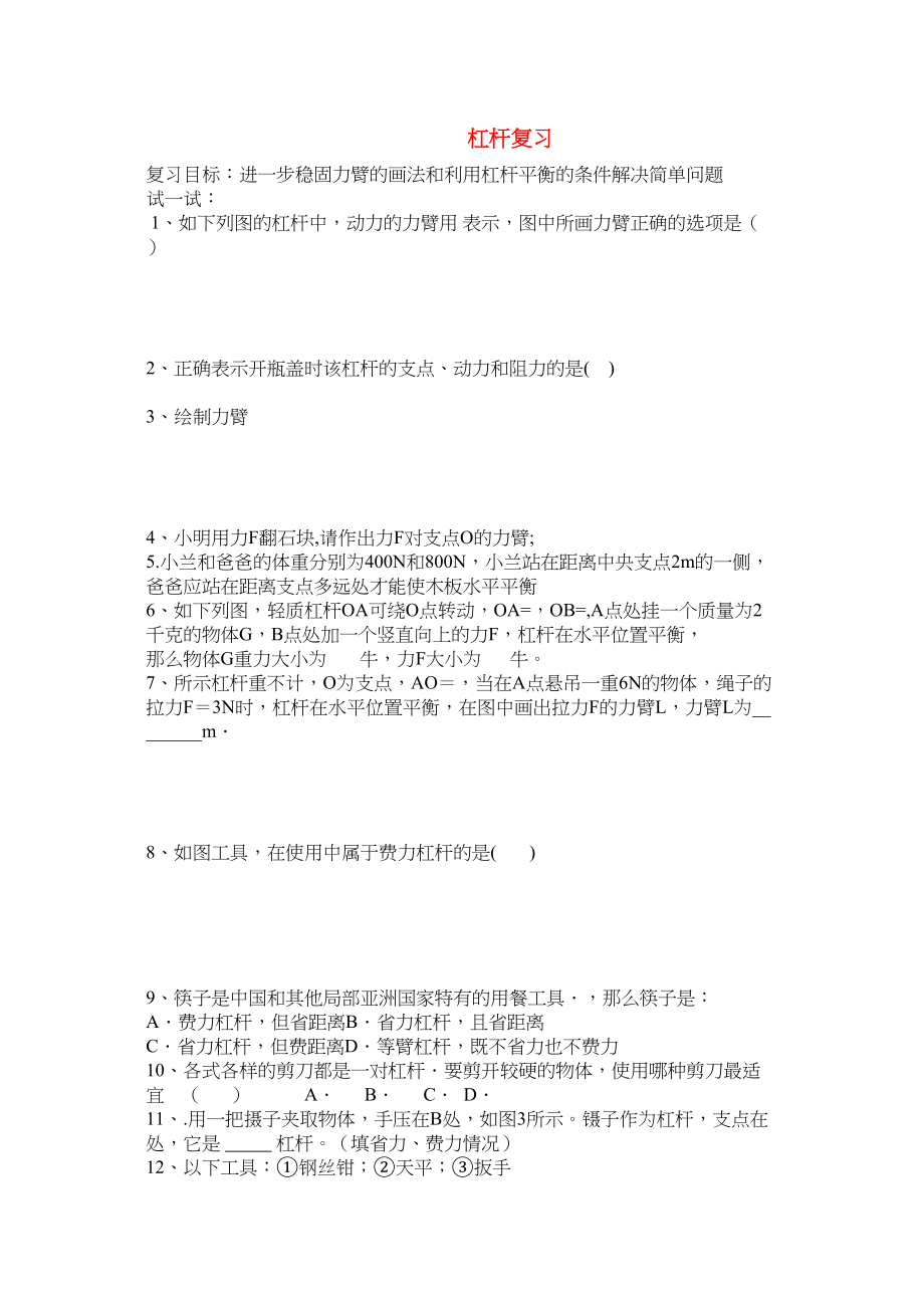 2023年九级物理杠杆复习学案无答案人教新课标版.docx_第1页