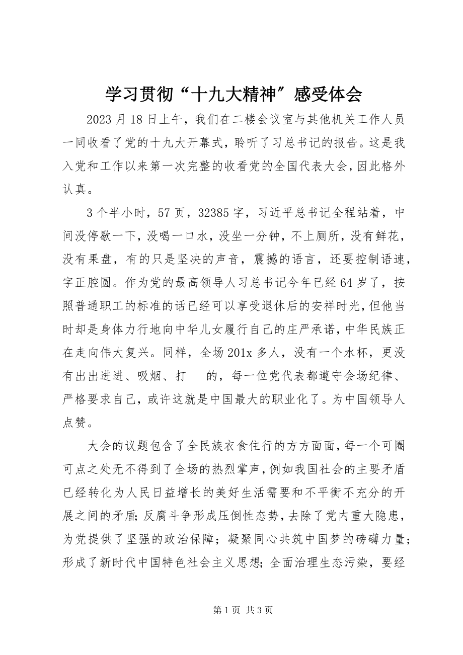 2023年学习贯彻“十九大精神”感受体会.docx_第1页