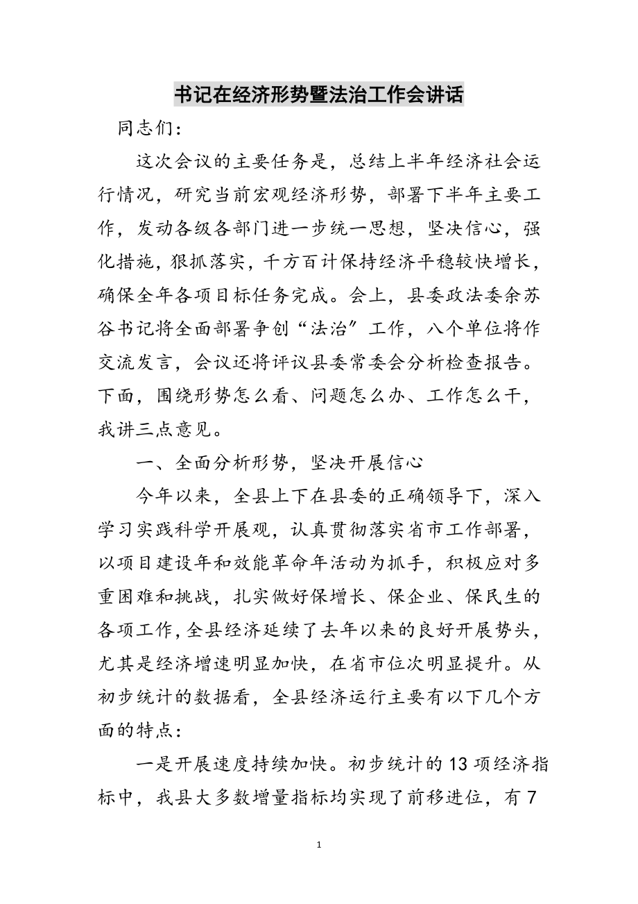 2023年书记在经济形势暨法治工作会讲话范文.doc_第1页