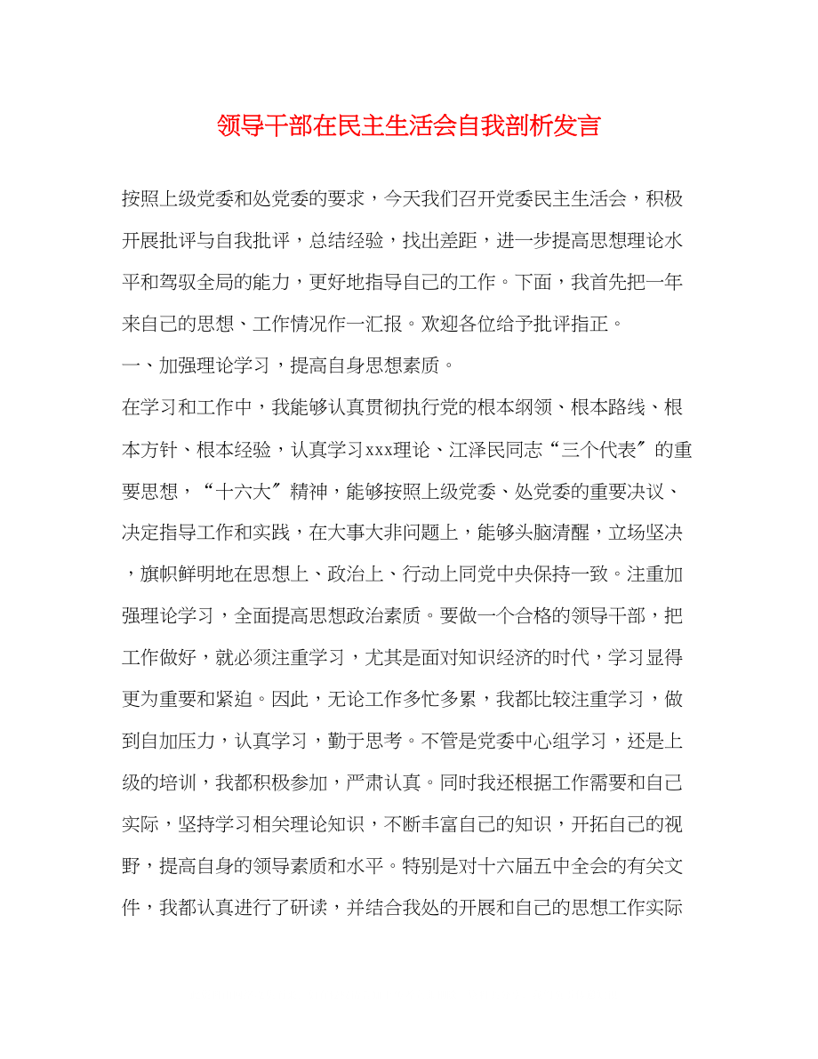 2023年领导干部在民主生活会自我剖析发言.docx_第1页