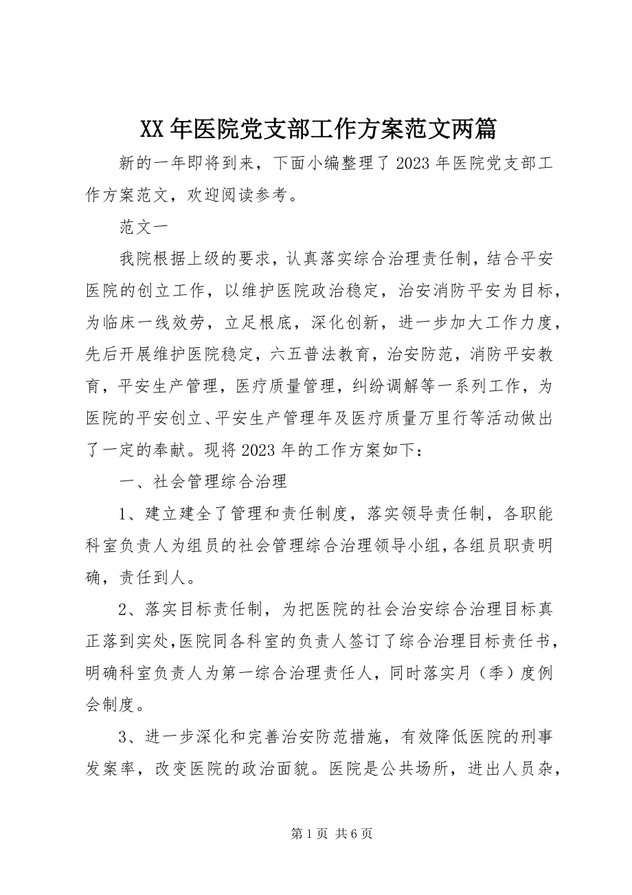 2023年医院党支部工作计划两篇.docx_第1页