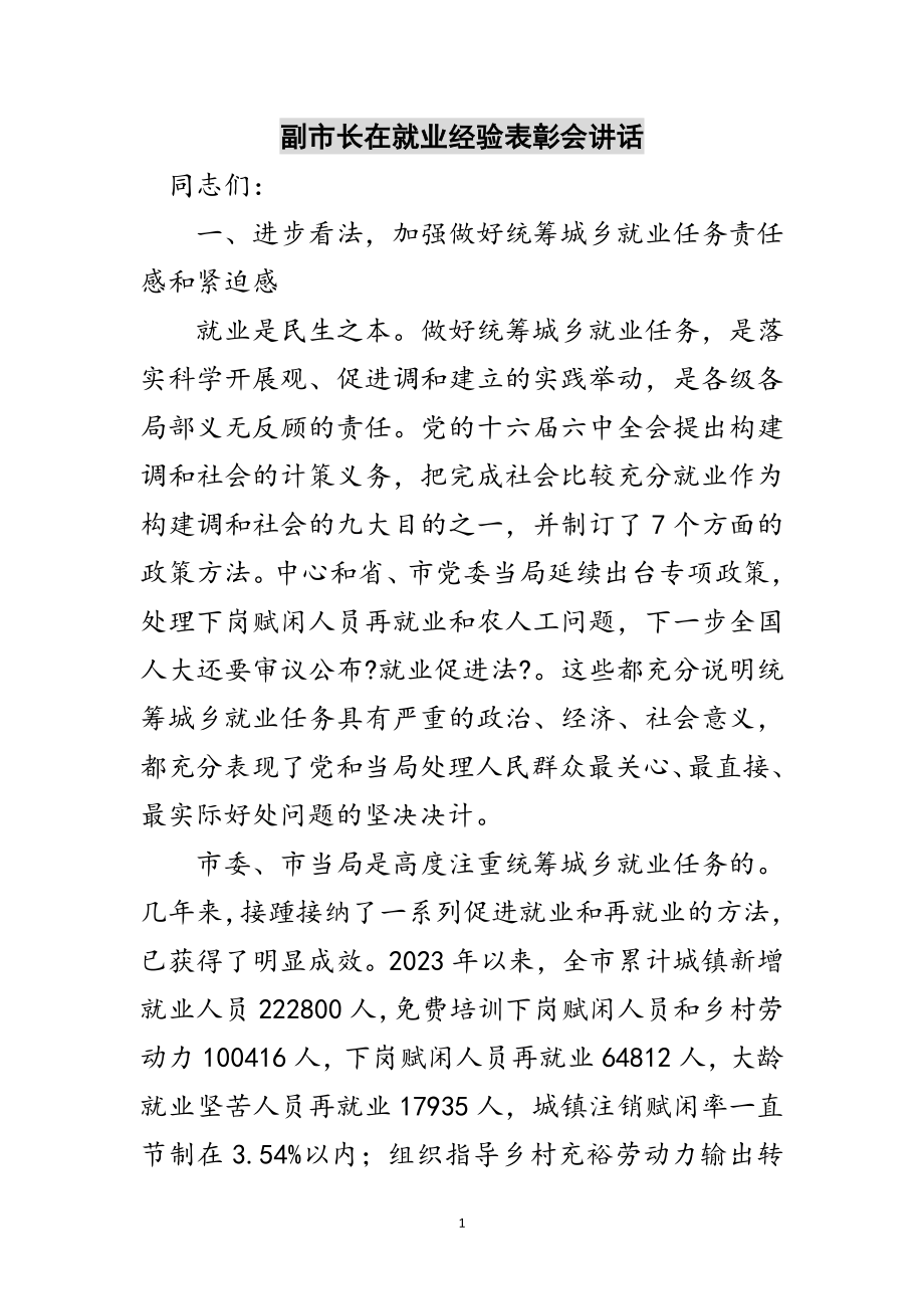 2023年副市长在就业经验表彰会讲话范文.doc_第1页