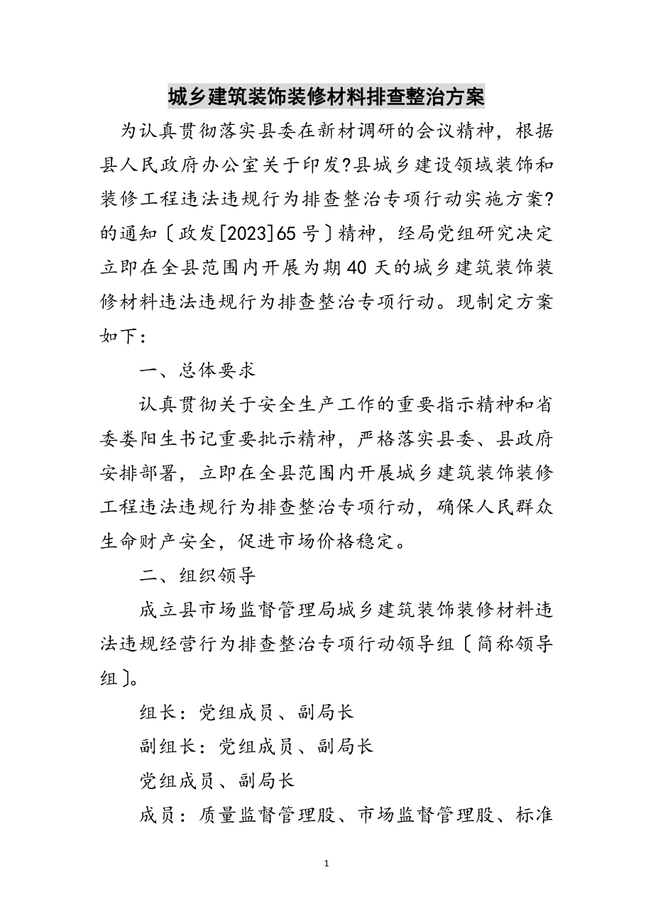 2023年城乡建筑装饰装修材料排查整治方案范文.doc_第1页