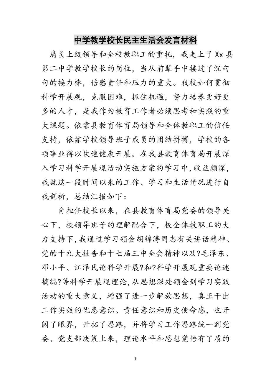 2023年中学教学校长民主生活会发言材料范文.doc_第1页