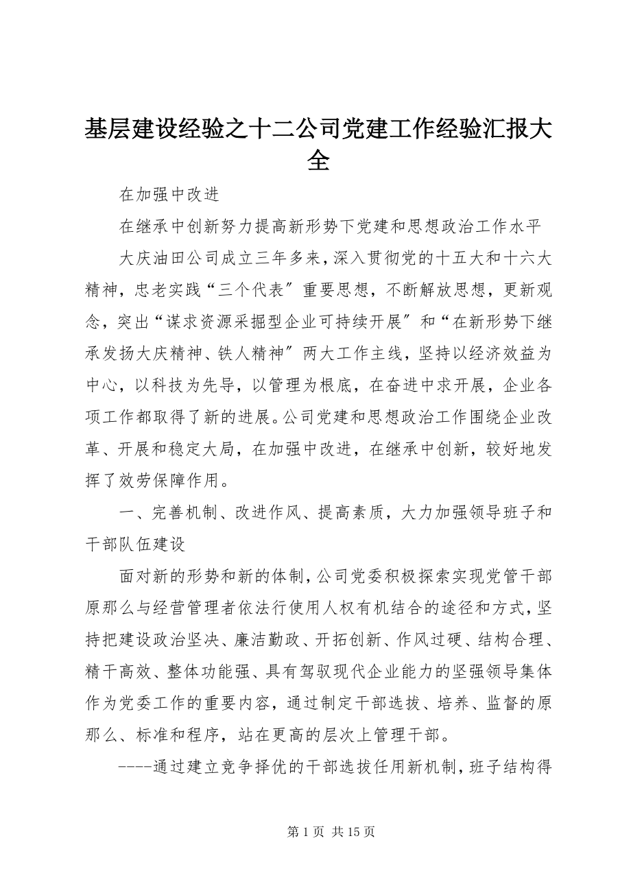 2023年基层建设经验之十二公司党建工作经验汇报大全.docx_第1页