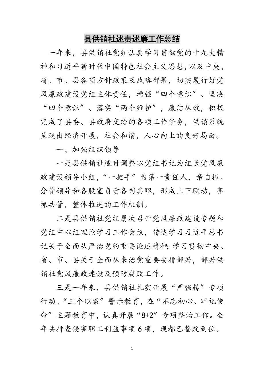 2023年县供销社述责述廉工作总结范文.doc_第1页