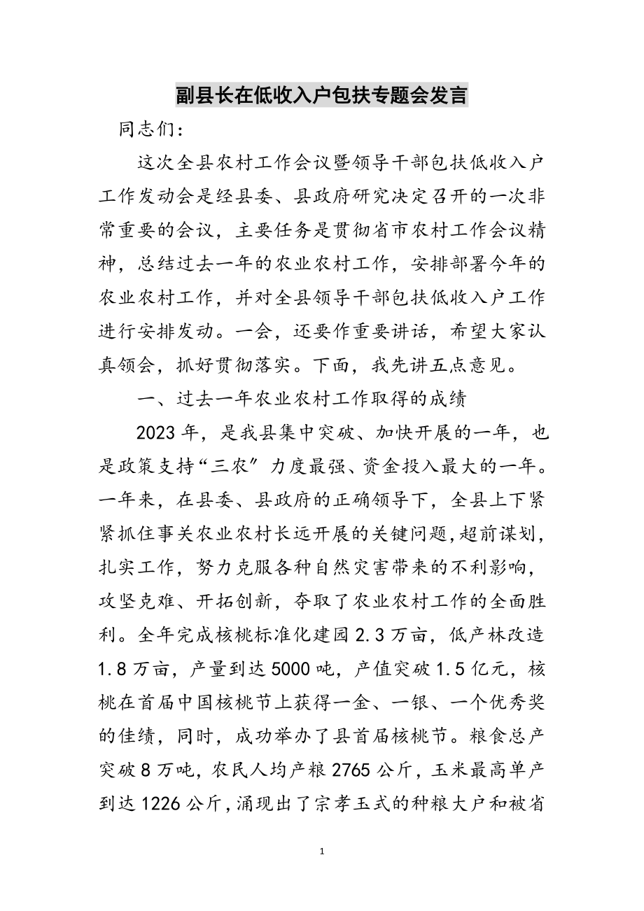 2023年副县长在低收入户包扶专题会发言范文.doc_第1页