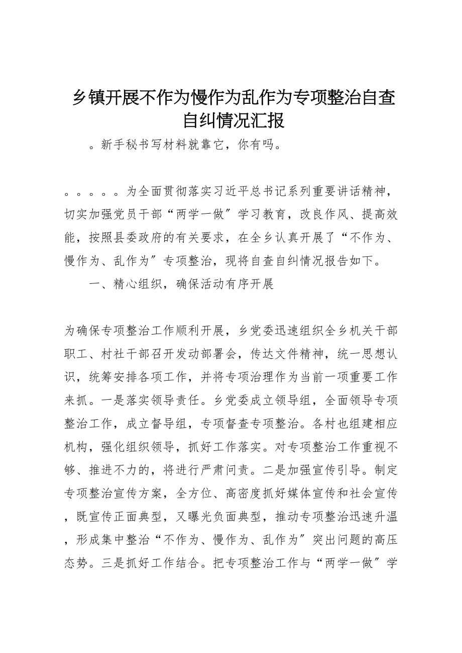 2023年年乡镇开展不作为慢作为乱作为专项整治自查自纠情况汇报 .doc_第1页