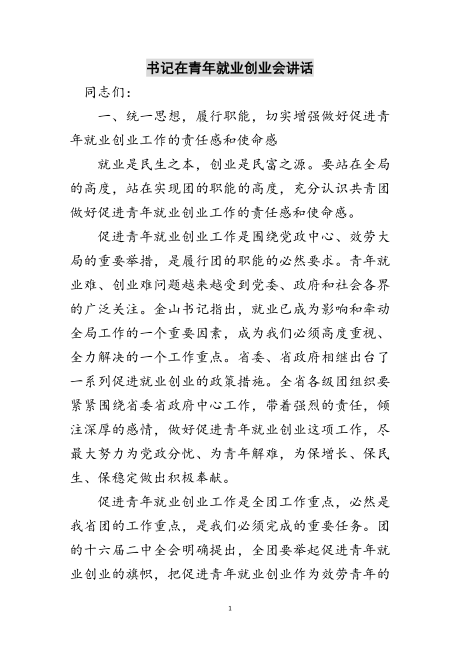 2023年书记在青年就业创业会讲话范文.doc_第1页