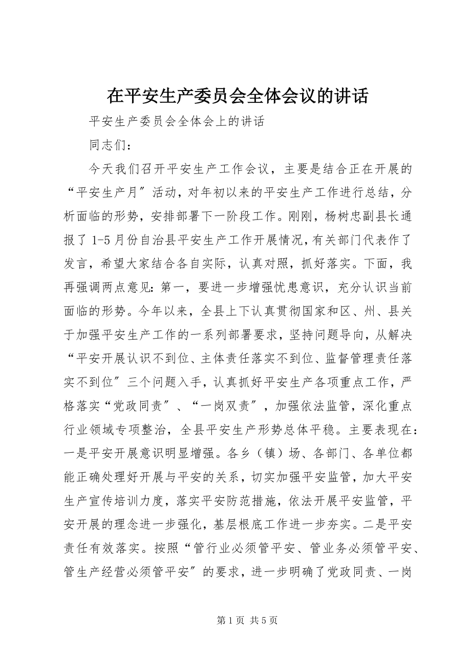 2023年在安全生产委员会全体会议的致辞.docx_第1页