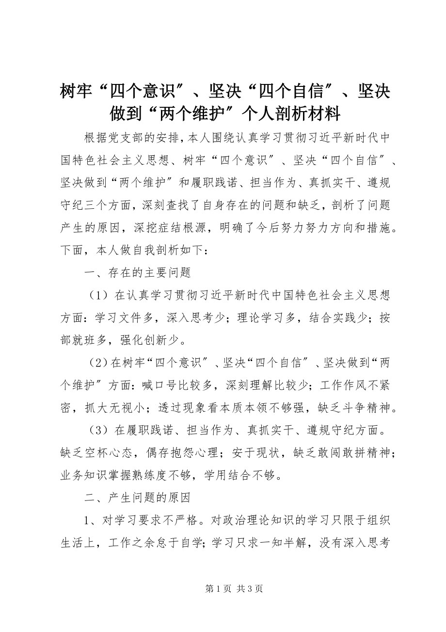 2023年树牢“四个意识”坚定“四个自信”坚决做到“两个维护”个人剖析材料.docx_第1页