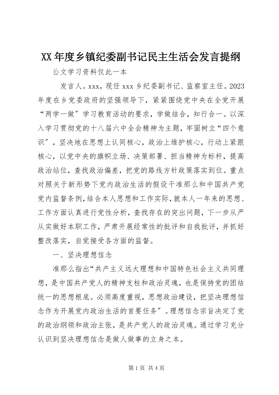 2023年乡镇纪委副书记民主生活会讲话提纲.docx_第1页